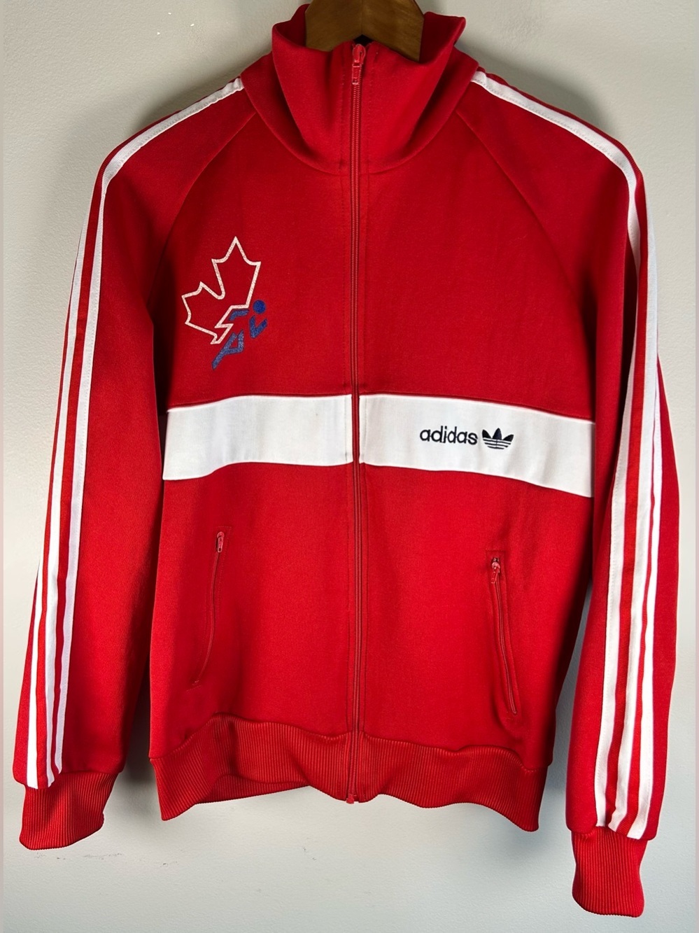 Vintage Adidas Canada Olympics Track Jacket Size L 3 Stripes Red Maple Leaf RARE